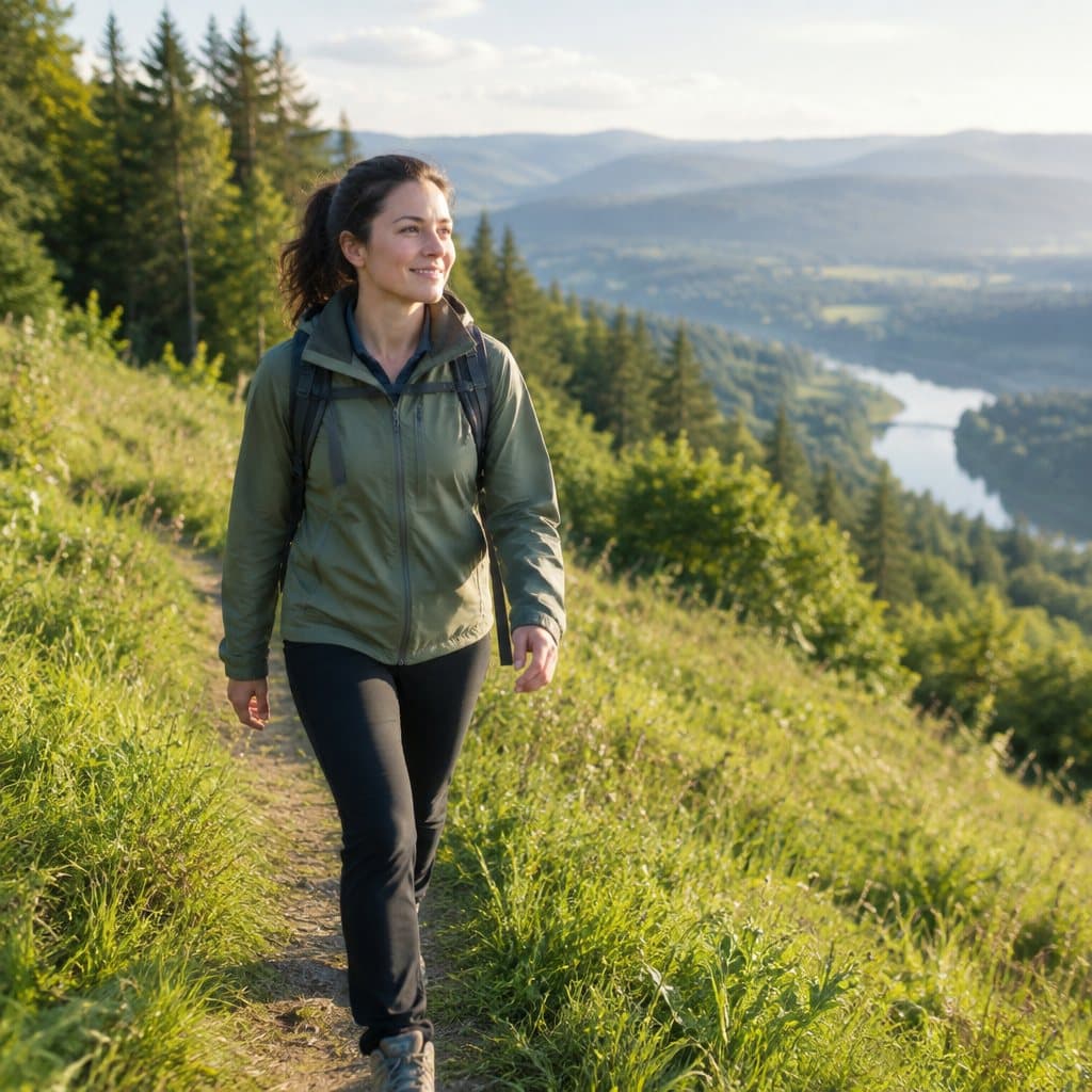 Junge Frau wandert aufrecht durch hügelige Natur