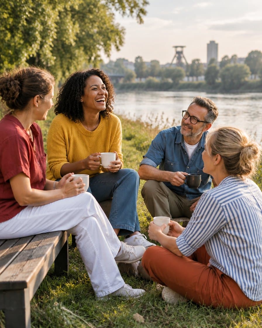 Kleine Gruppe im Gespräch am Ufer der Ruhr