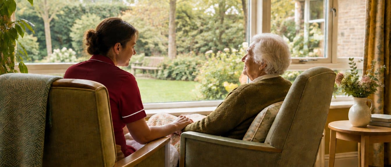 Pflegekraft und Bewohnerin im Gespräch am Fenster