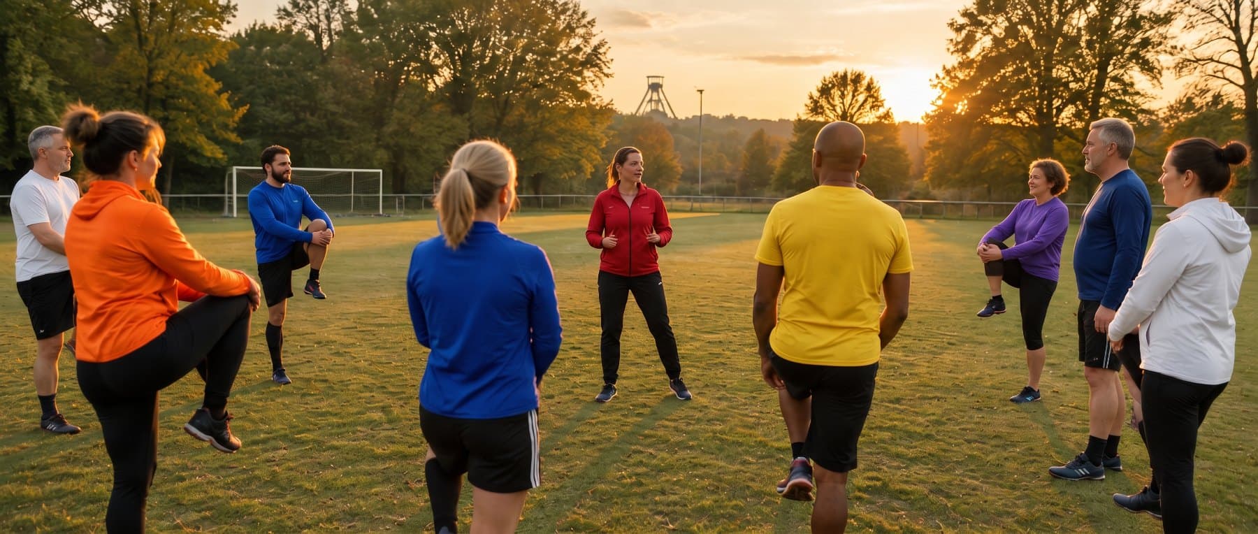 Übungsleiterin mit einer Gruppe auf dem Sportplatz am Abend